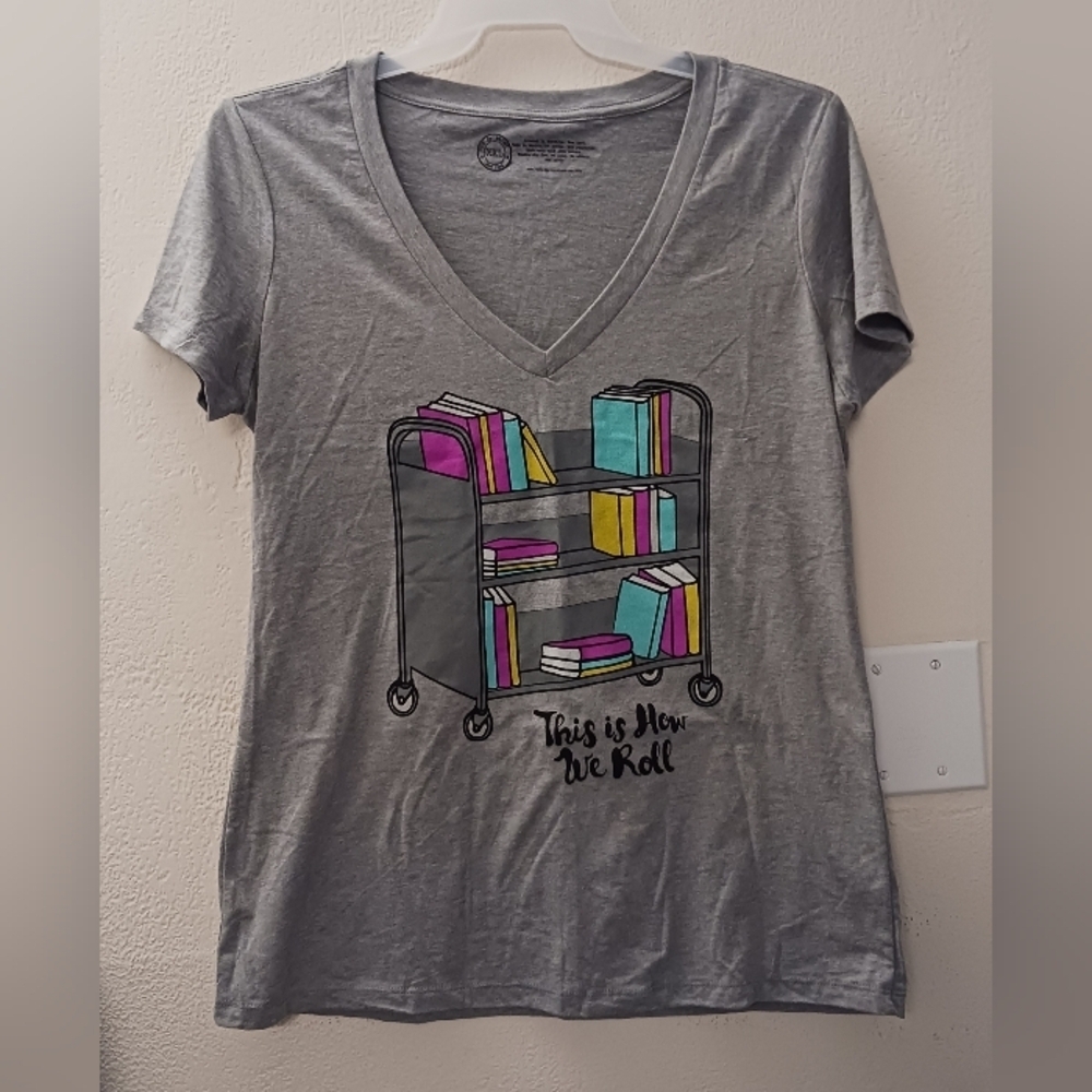 Gray V-Neck Graphic Tee with Colorful Books